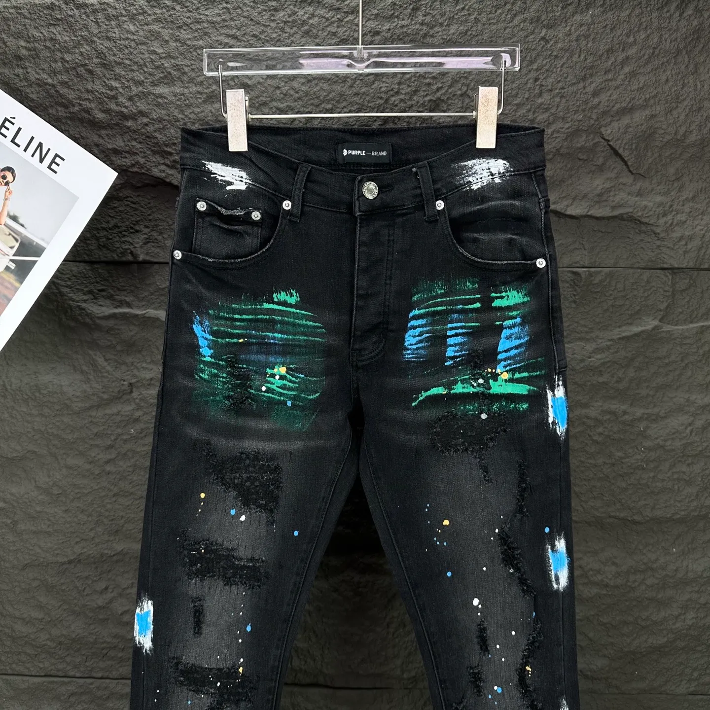 PURPLE BRAND 2026 New Arrival splash-ink hand-painted frayed couples style washed stretch jeans High version High version Top ceiling Quality Styles with different washed textures are very friendly to people with thin legs and thick legs. The straight and slim version is very flattering to the leg shape. Moderate length that never goes out of style, easy to match with casually, basic styling for various styles, a must-have in the wardrobe! The fabric is stiff but also makes the upper body soft without losing texture. The washing process is even more perfect. It is a must-have item for everyone! ! ! Washed wheat, hang tag, pants label, three labels complete Color: Black Size: 28, 30, 32, 34, 36 (five sizes)